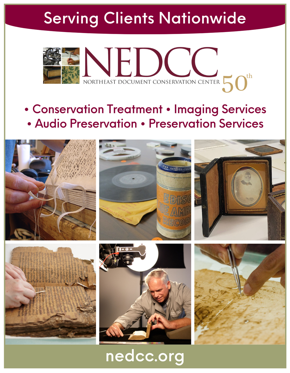 ad for Northeast Document Conservation Center. States they serve clients nationwide for conservation treatment, imaging services, audio preservation, and preservation services.